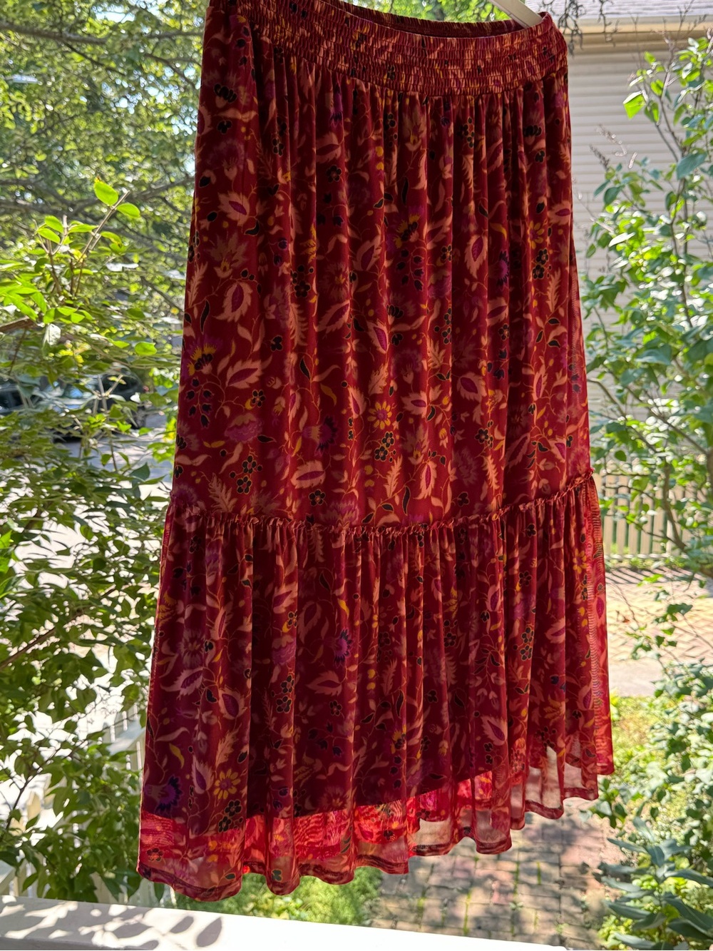 Knox Rose Floral Tiered Maxi Skirt in Burgundy and Pink
